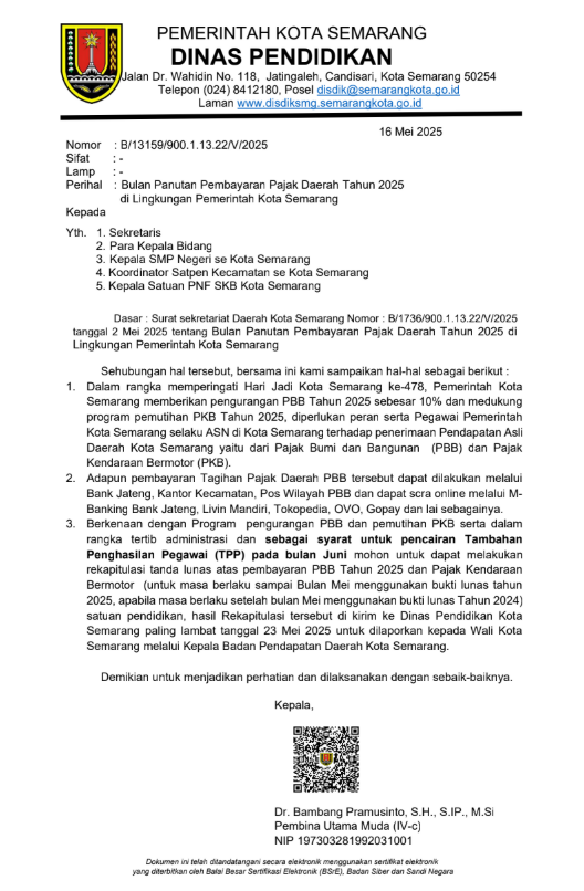 Bulan Panutan Pembayaran Pajak Daerah Tahun 2025 di Lingkungan Pemerintah Kota Semarang